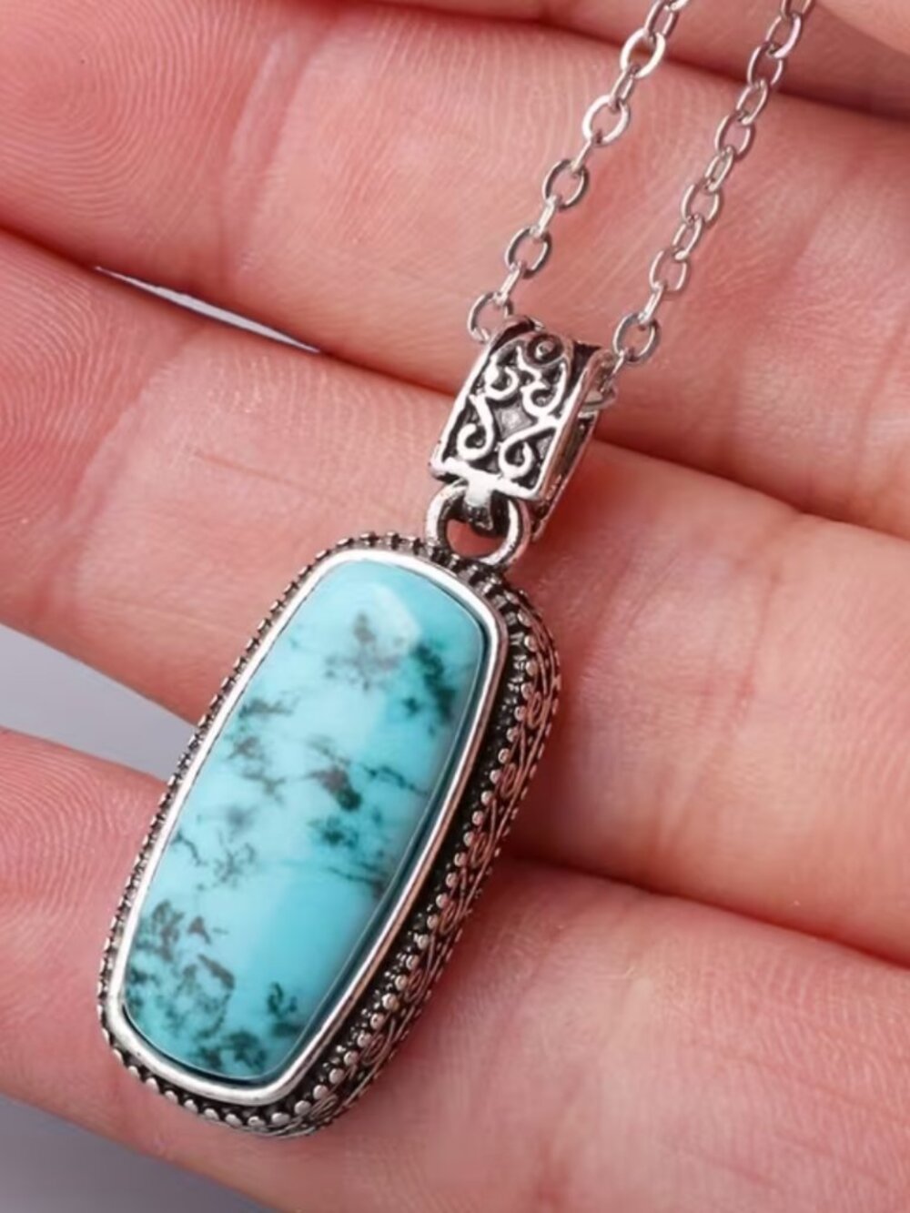 Southwestern Tribal Turquoise Pendant Necklace Ocean Wave Engravings Rectangle